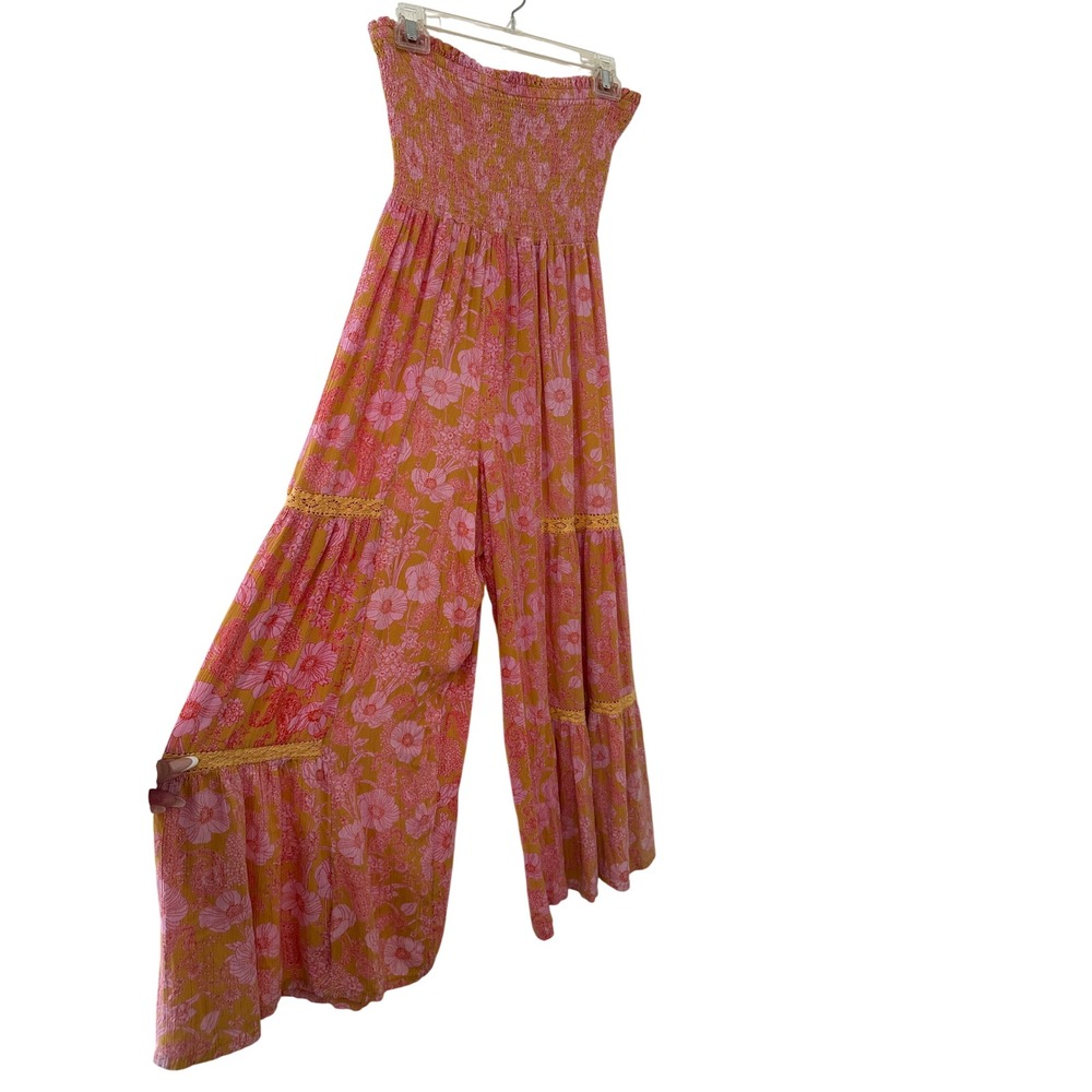 Angie Womens Pink Mustard Floral Smocked Strapless Wide Leg Jumpsuit Size M Boho